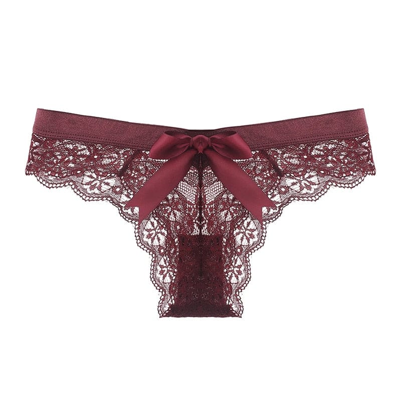 Kinky Cloth Wine Red / M / 1pc T-Back Lace Bow Panties