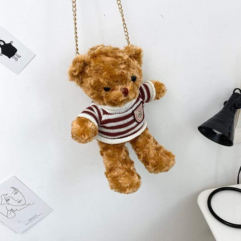 Kinky Cloth 100002856 Brown-Stripes Brown & White Shirt Teddy Bear Toy Plush Chain Bag