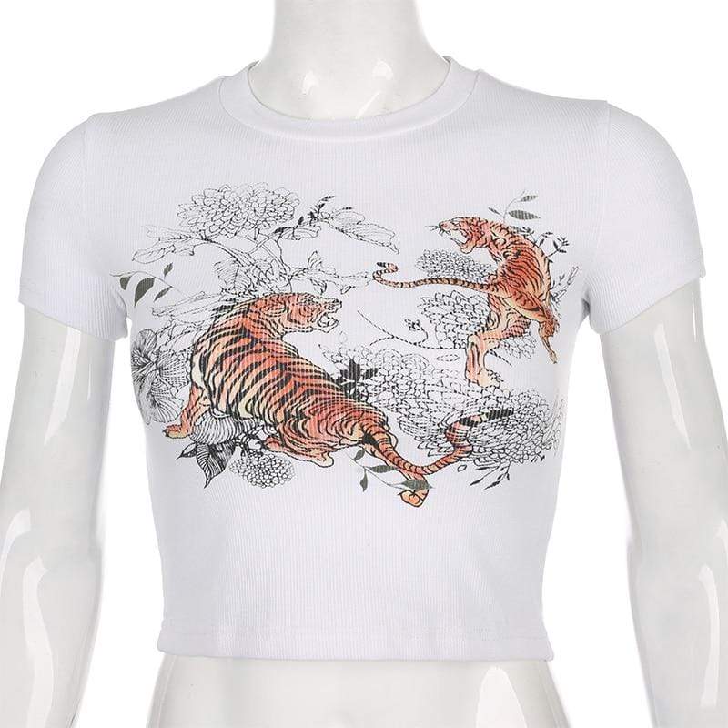 Kinky Cloth White / S Tiger Print Ribbed Cropped Tees