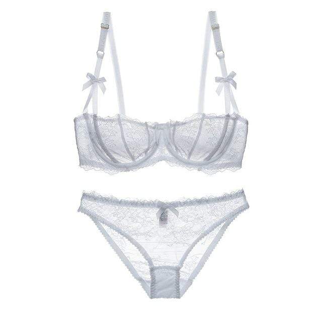 Kinky Cloth lingerie White / 70D Transparent Lace Bra Panty Garter Set