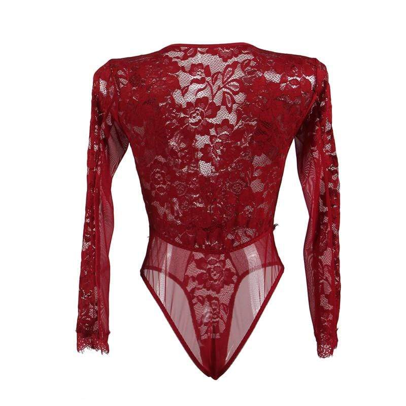 Transparent Long Sleeve Lace Bodysuit