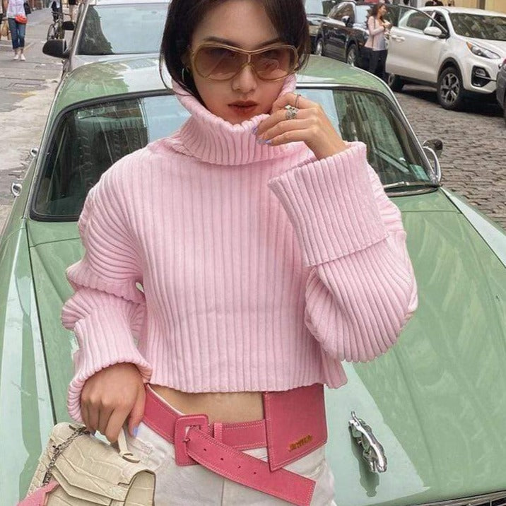 Kinky Cloth S / CN / Pink Turtle Neck Knitted Crop Top