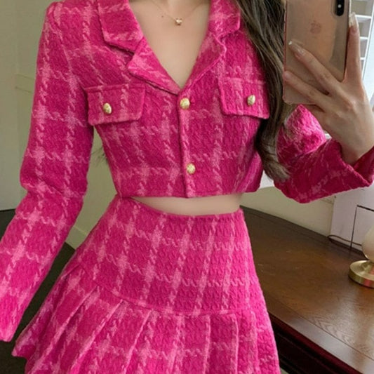 Kinky Cloth Rose Pink / S Tweed Crop Jacket + Mini Skirt Set