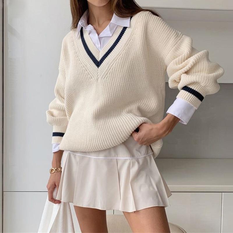 Kinky Cloth 200000373 V-Neck Stripe Preppy Style Sweater