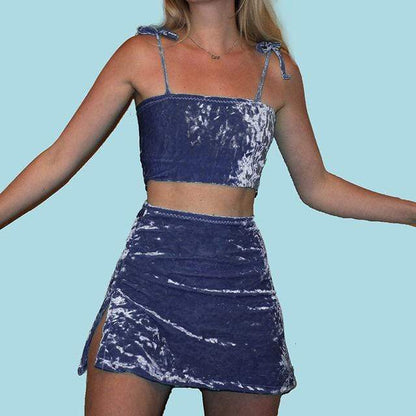 Kinky Cloth Skirt Blue / L Velvet Crop Top Skirt Set