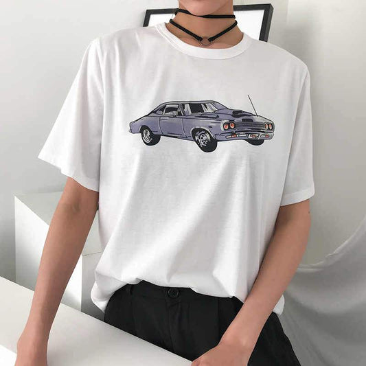 Vintage Car Print White Loose T-shirt