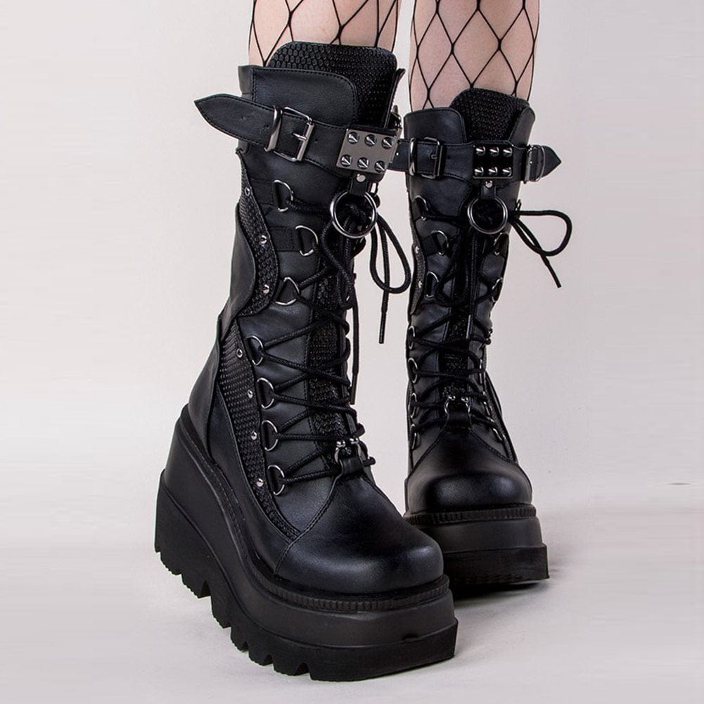 Kinky Cloth Black / 5 Wedge Platform Rivet Long Boots