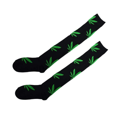 Kinky Cloth Socks Black / Green Weed Thigh High Socks