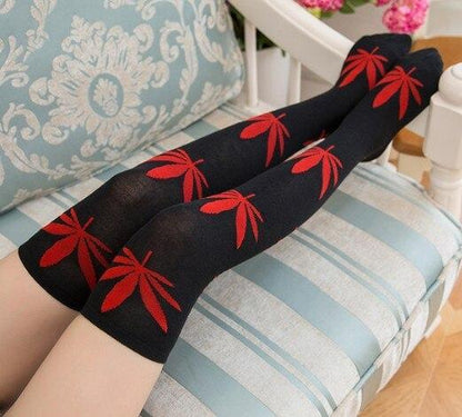 Kinky Cloth Socks Black / Red Weed Thigh High Socks