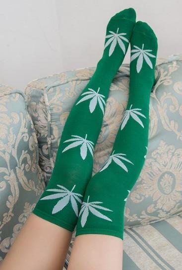 Kinky Cloth Socks Green / White Weed Thigh High Socks