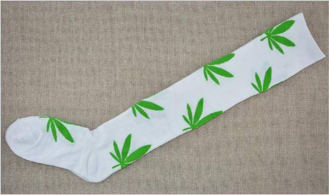 Kinky Cloth Socks White / Green Weed Thigh High Socks