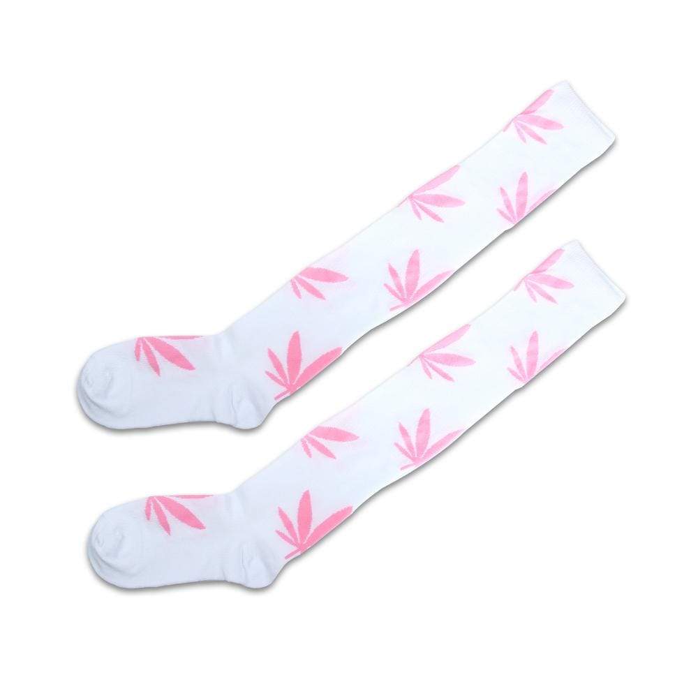 Kinky Cloth Socks White / Pink Weed Thigh High Socks